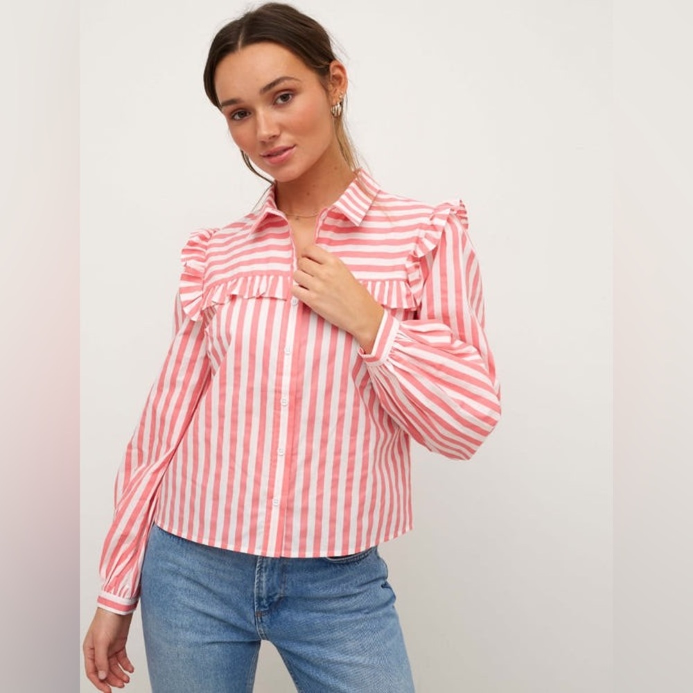 Nobody’s Child striped cotton poplin peasant blouse‎ size 8 frilly button down